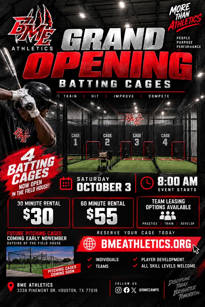 BME Athletics batting cages grand opening flyer — Saturday October 3 at 8:00 AM, 30 minute rental $30, 60 minute rental $55, team leasing available
